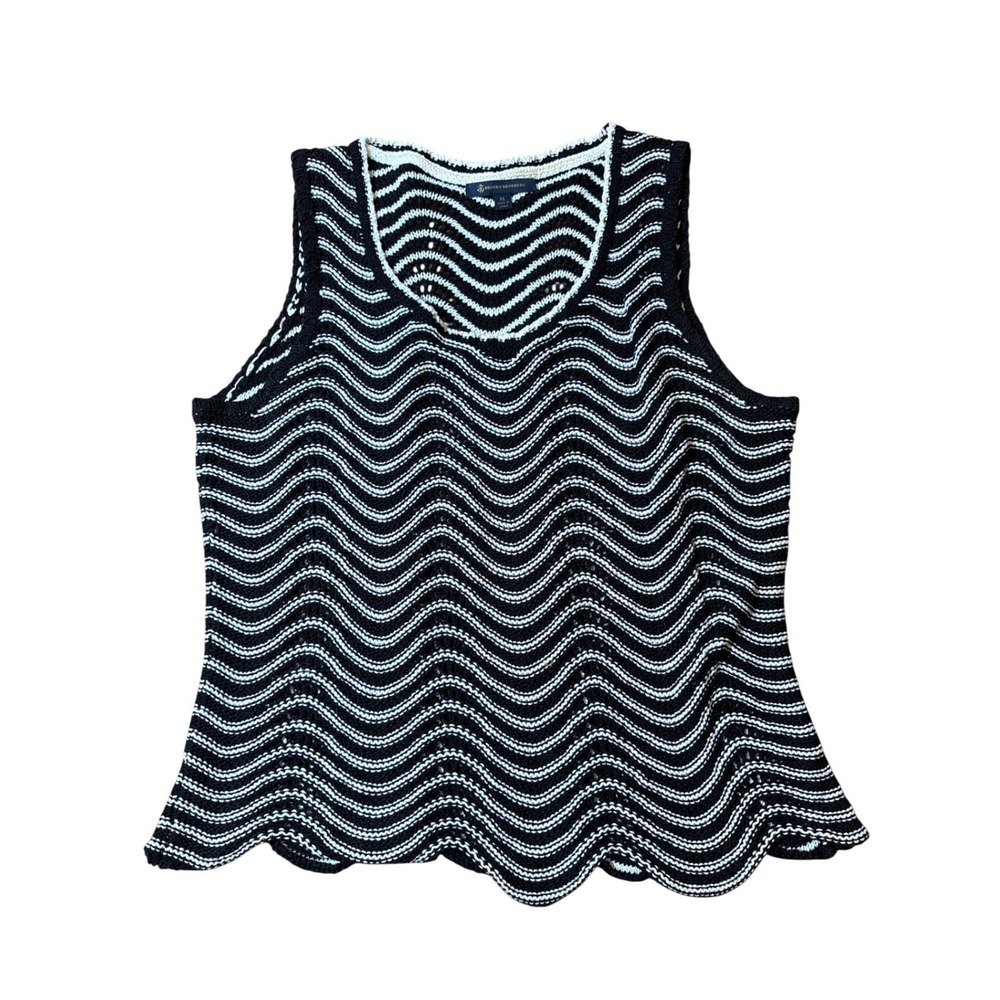 Brooks Brothers Knit Shell Women Black White Chevron Wave Scallop SIZE XL